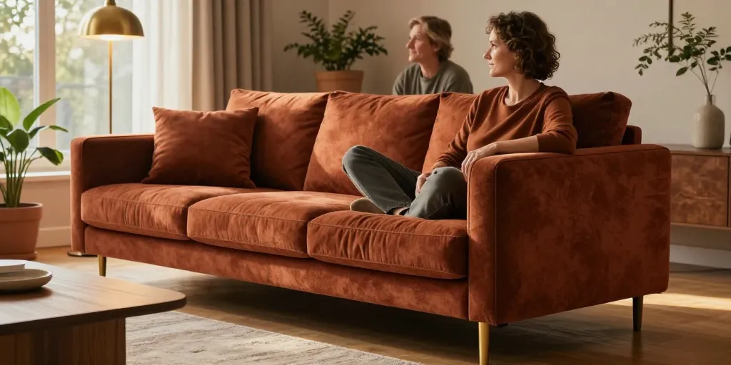 Canapé moderne couleur rouille : la teinte chaleureuse qui transforme votre salon